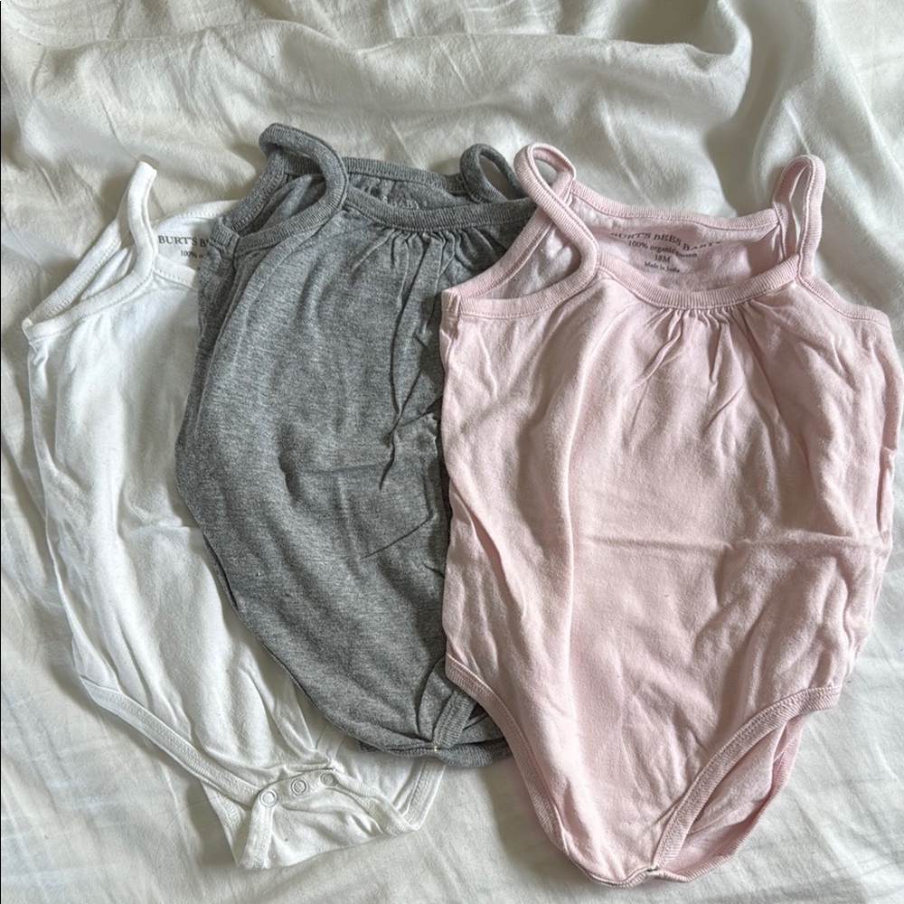 Set of Three Baby Bodysuits in Pink, Gray, and White